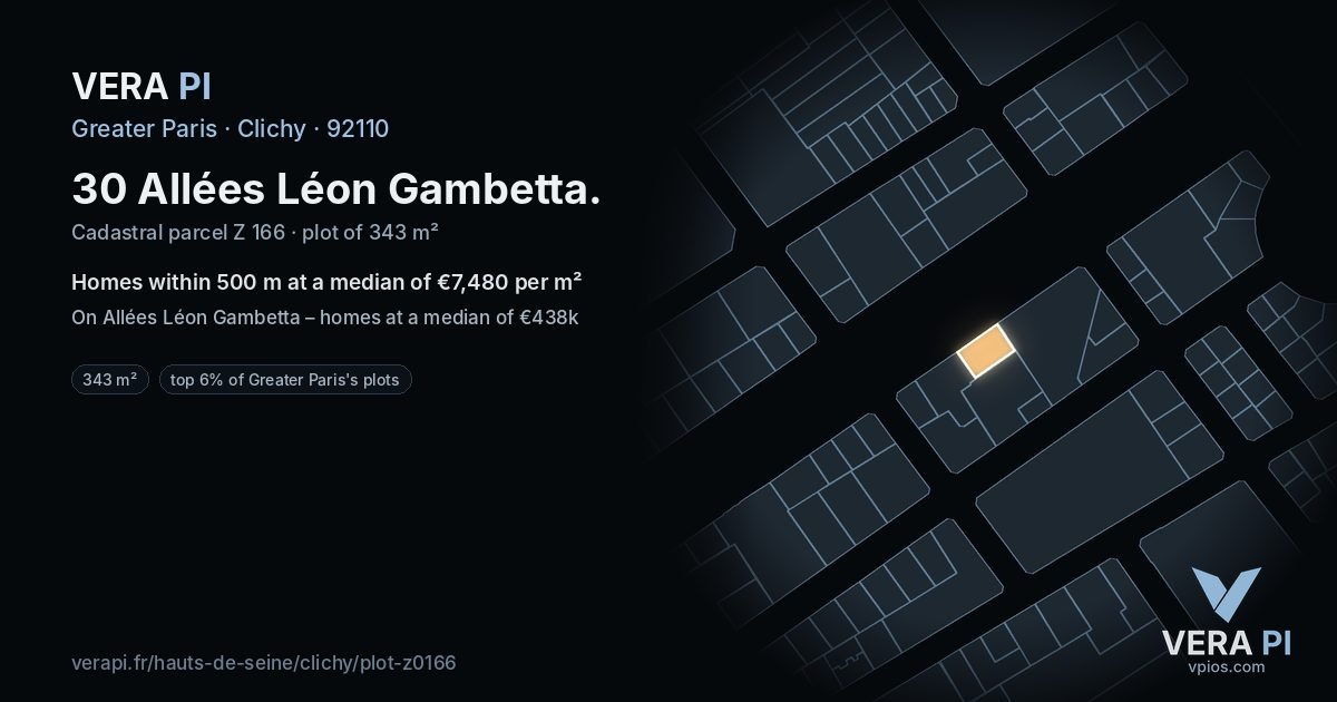 30 Allées Léon Gambetta, Clichy at night – the plot lit, the parcels around coloured by the prices near them