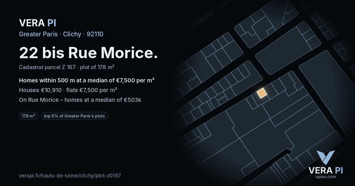 22 bis Rue Morice, Clichy at night – the plot lit, the parcels around coloured by the prices near them