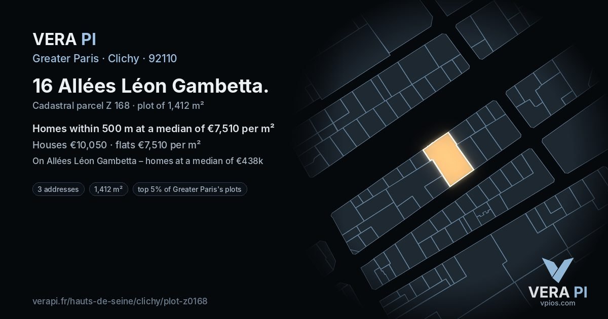 16 Allées Léon Gambetta, Clichy at night – the plot lit, the parcels around coloured by the prices near them