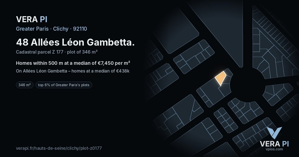 48 Allées Léon Gambetta, Clichy at night – the plot lit, the parcels around coloured by the prices near them