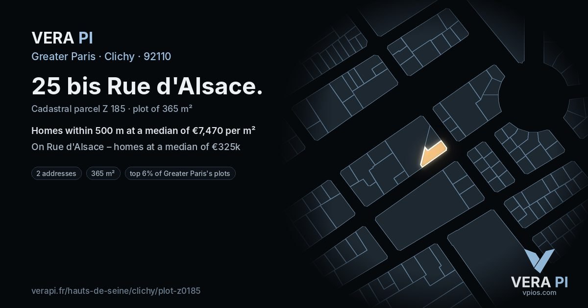 25 bis Rue d'Alsace, Clichy at night – the plot lit, the parcels around coloured by the prices near them