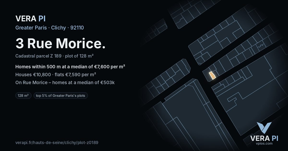 3 Rue Morice, Clichy at night – the plot lit, the parcels around coloured by the prices near them