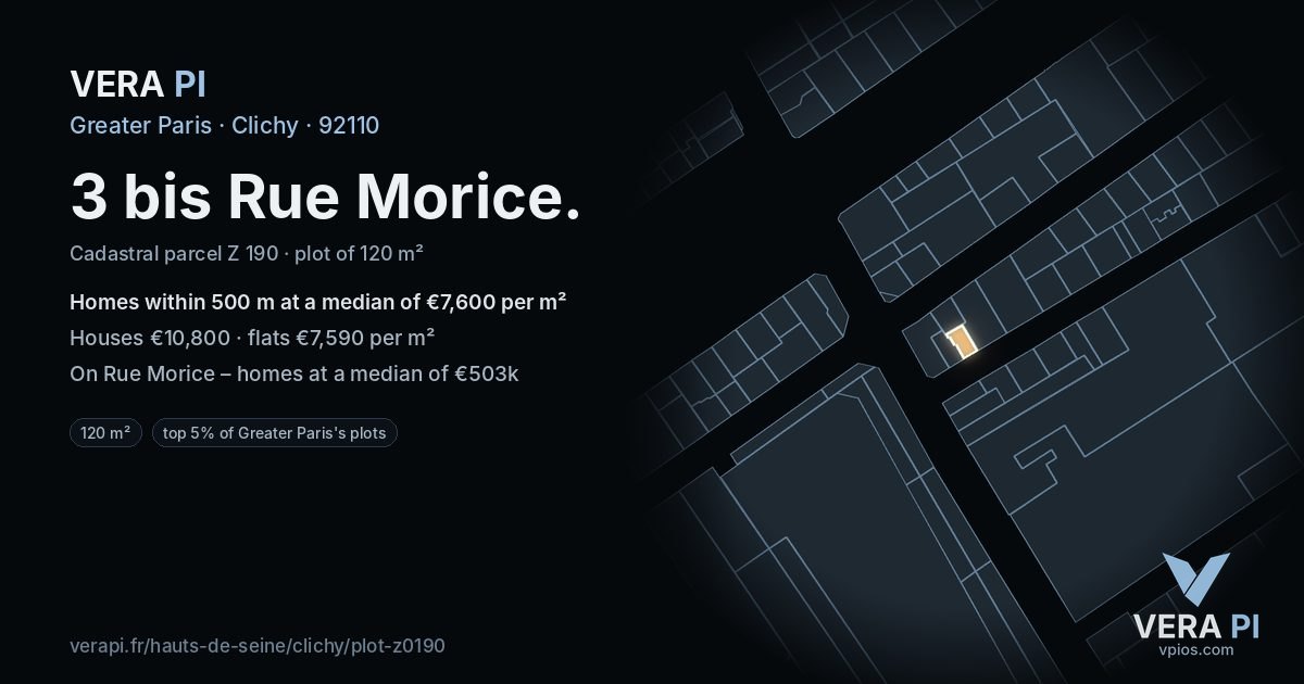3 bis Rue Morice, Clichy at night – the plot lit, the parcels around coloured by the prices near them
