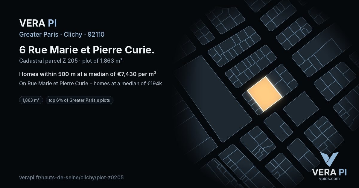 6 Rue Marie et Pierre Curie, Clichy at night – the plot lit, the parcels around coloured by the prices near them
