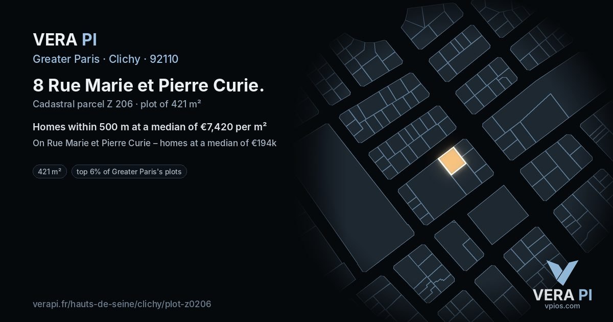 8 Rue Marie et Pierre Curie, Clichy at night – the plot lit, the parcels around coloured by the prices near them
