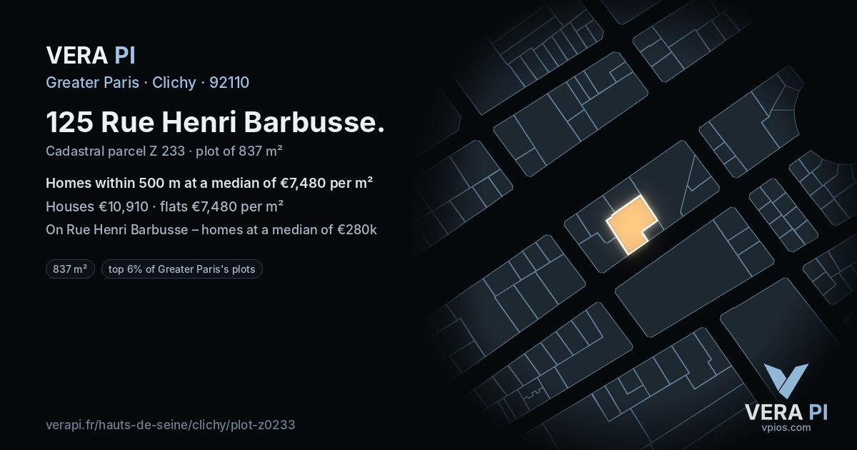 125 Rue Henri Barbusse, Clichy at night – the plot lit, the parcels around coloured by the prices near them