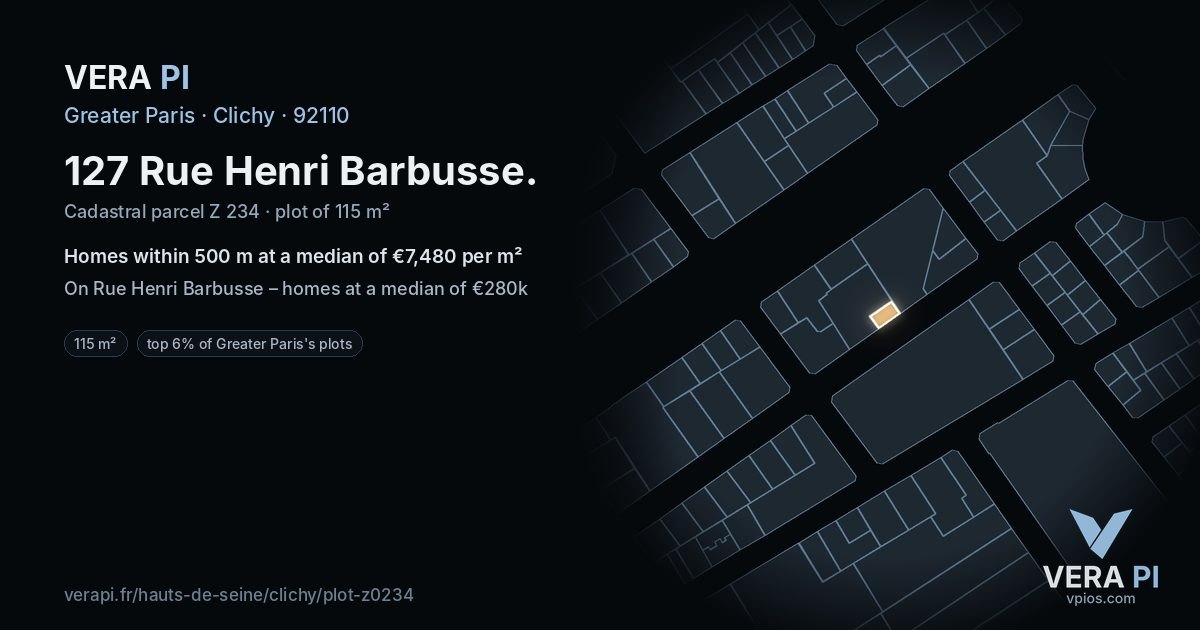 127 Rue Henri Barbusse, Clichy at night – the plot lit, the parcels around coloured by the prices near them