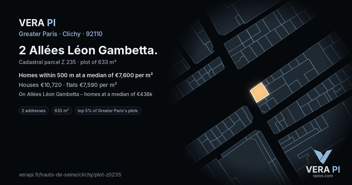 2 Allées Léon Gambetta, Clichy at night – the plot lit, the parcels around coloured by the prices near them