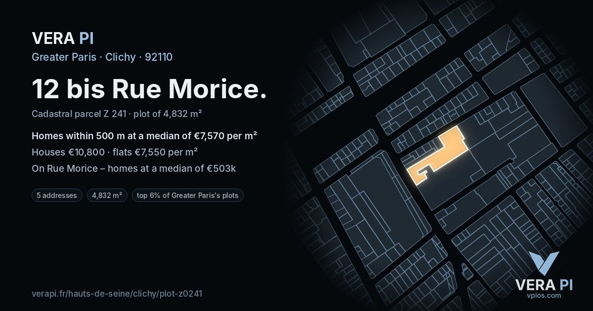 12 bis Rue Morice, Clichy at night – the plot lit, the parcels around coloured by the prices near them