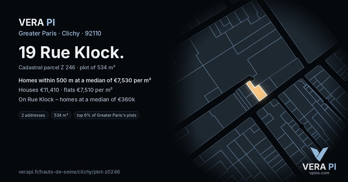 19 Rue Klock, Clichy at night – the plot lit, the parcels around coloured by the prices near them