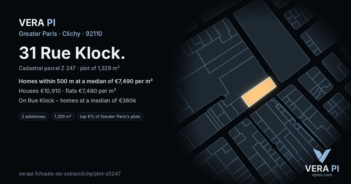 31 Rue Klock, Clichy at night – the plot lit, the parcels around coloured by the prices near them