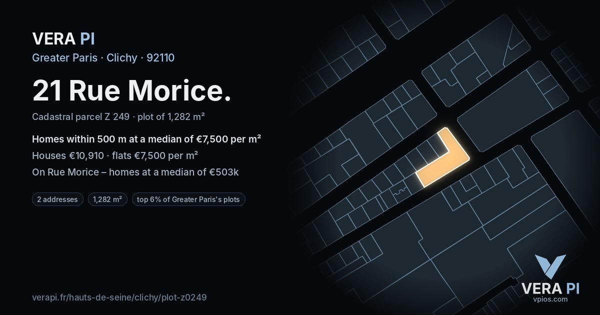 21 Rue Morice, Clichy at night – the plot lit, the parcels around coloured by the prices near them