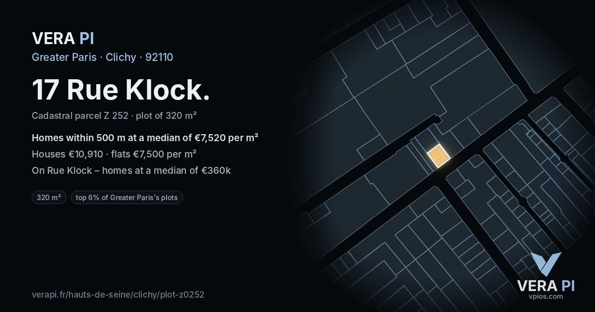 17 Rue Klock, Clichy at night – the plot lit, the parcels around coloured by the prices near them