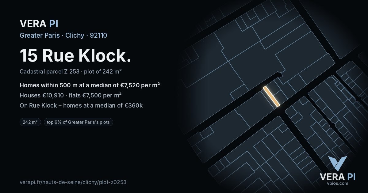 15 Rue Klock, Clichy at night – the plot lit, the parcels around coloured by the prices near them