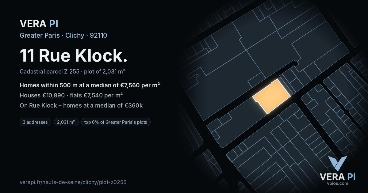 11 Rue Klock, Clichy at night – the plot lit, the parcels around coloured by the prices near them
