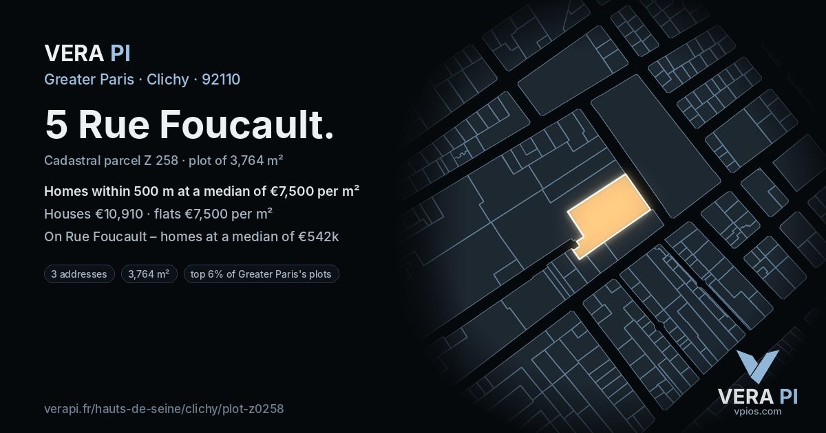 5 Rue Foucault, Clichy at night – the plot lit, the parcels around coloured by the prices near them