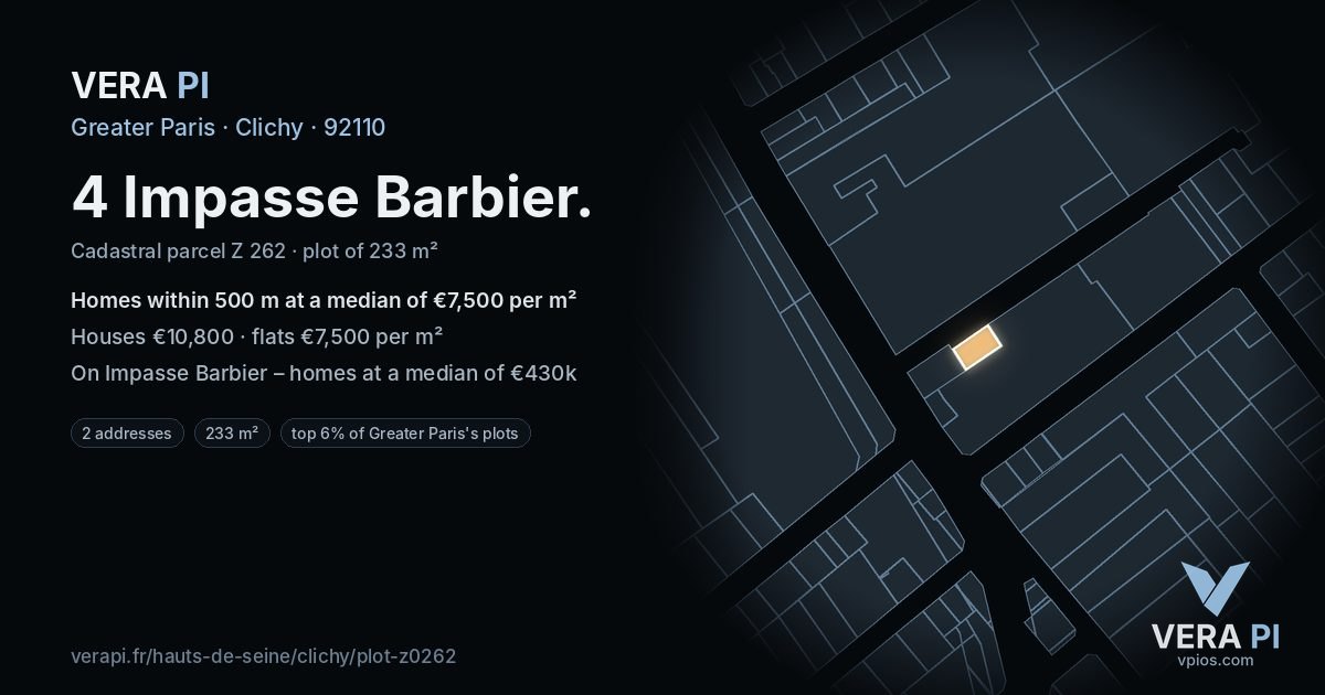 4 Impasse Barbier, Clichy at night – the plot lit, the parcels around coloured by the prices near them