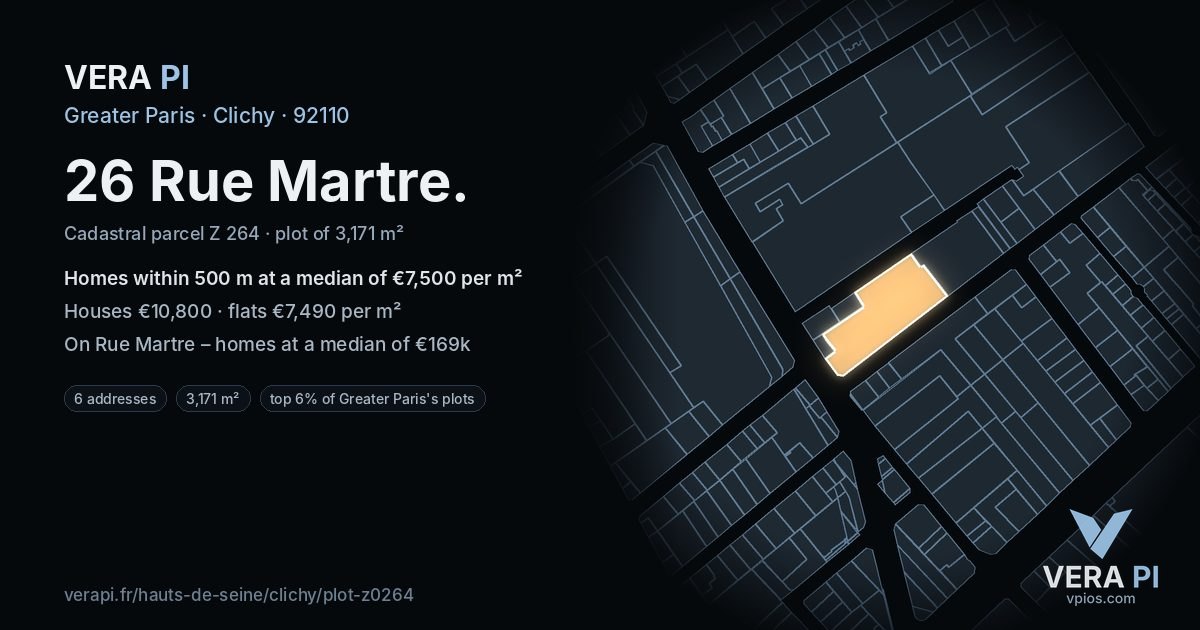26 Rue Martre, Clichy at night – the plot lit, the parcels around coloured by the prices near them