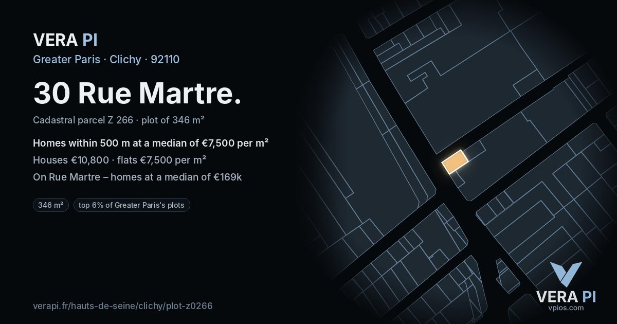 30 Rue Martre, Clichy at night – the plot lit, the parcels around coloured by the prices near them