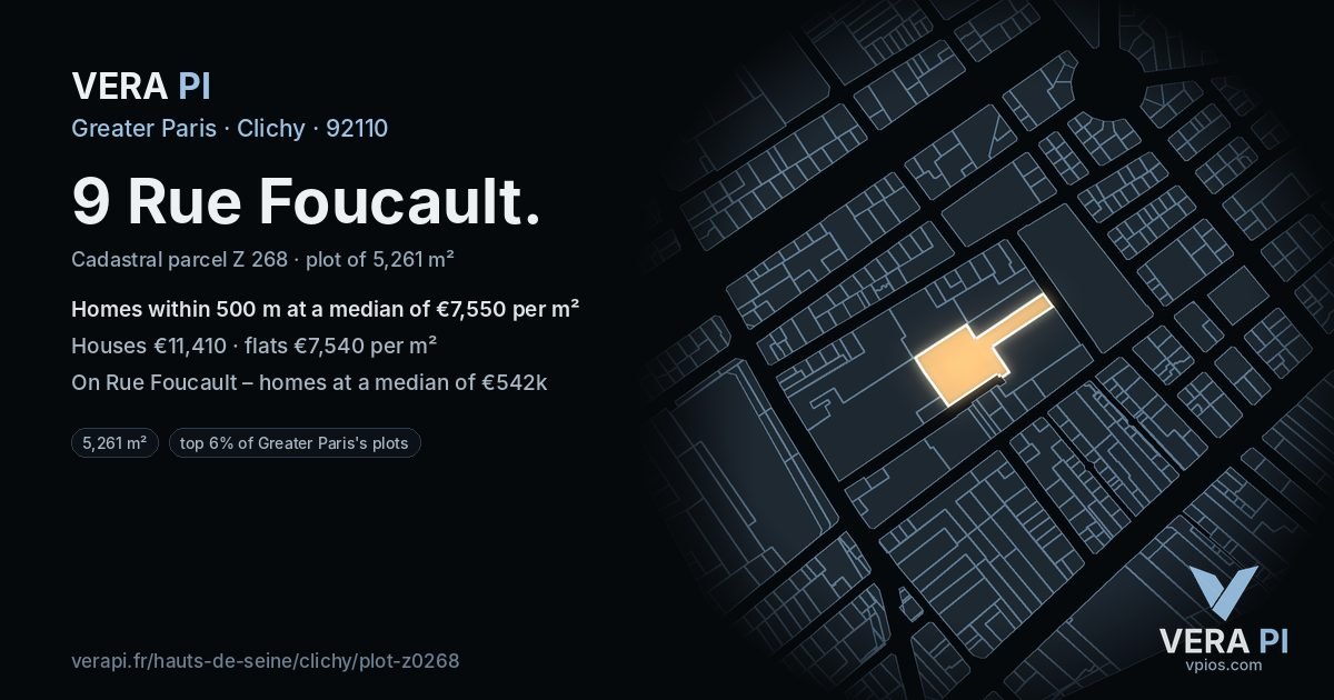 9 Rue Foucault, Clichy at night – the plot lit, the parcels around coloured by the prices near them