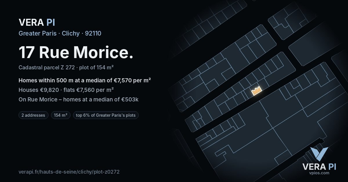 17 Rue Morice, Clichy at night – the plot lit, the parcels around coloured by the prices near them