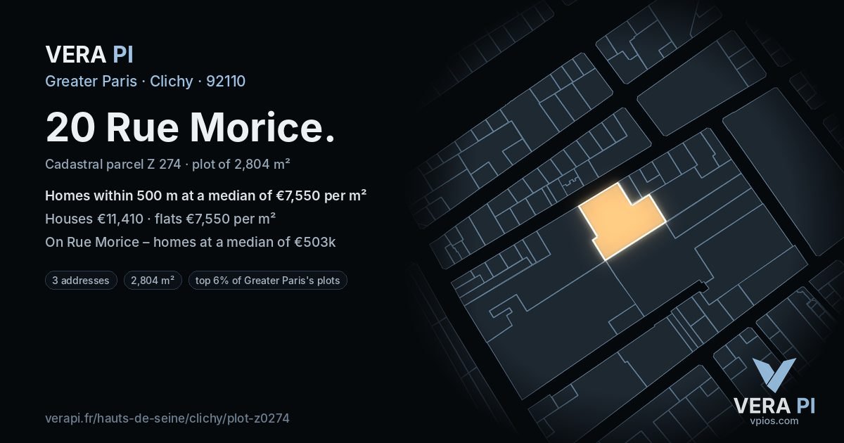 20 Rue Morice, Clichy at night – the plot lit, the parcels around coloured by the prices near them