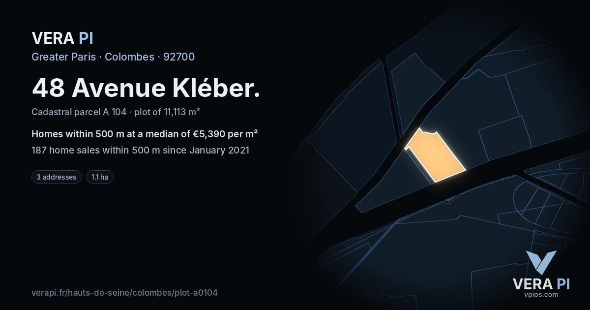 48 Avenue Kléber, Colombes at night – the plot lit, the parcels around coloured by the prices near them