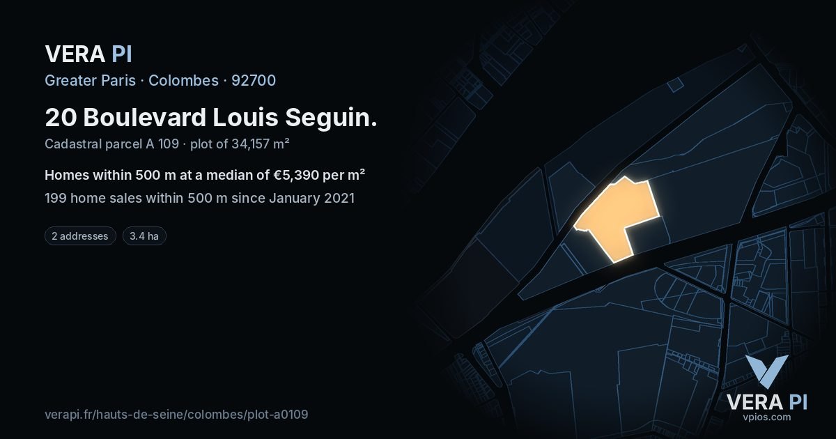20 Boulevard Louis Seguin, Colombes at night – the plot lit, the parcels around coloured by the prices near them