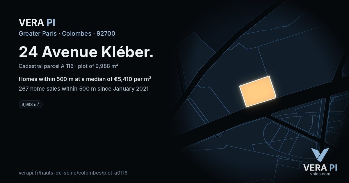 24 Avenue Kléber, Colombes at night – the plot lit, the parcels around coloured by the prices near them