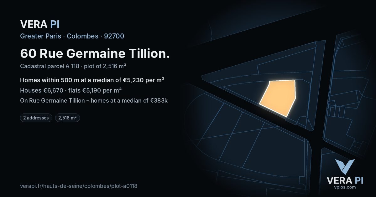 60 Rue Germaine Tillion, Colombes at night – the plot lit, the parcels around coloured by the prices near them