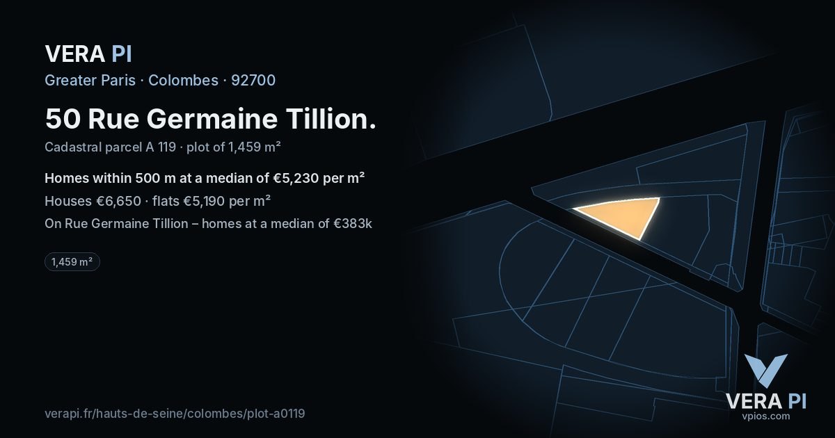 50 Rue Germaine Tillion, Colombes at night – the plot lit, the parcels around coloured by the prices near them