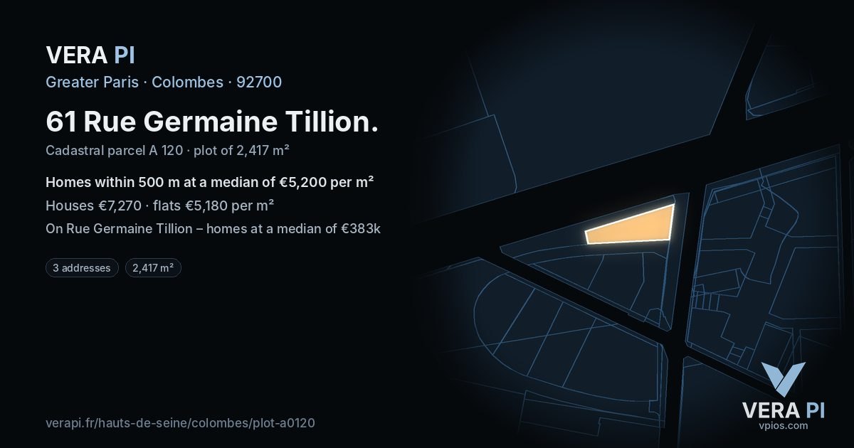 61 Rue Germaine Tillion, Colombes at night – the plot lit, the parcels around coloured by the prices near them