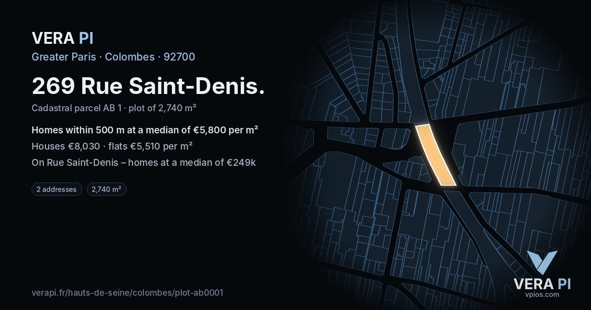 269 Rue Saint-Denis, Colombes at night – the plot lit, the parcels around coloured by the prices near them