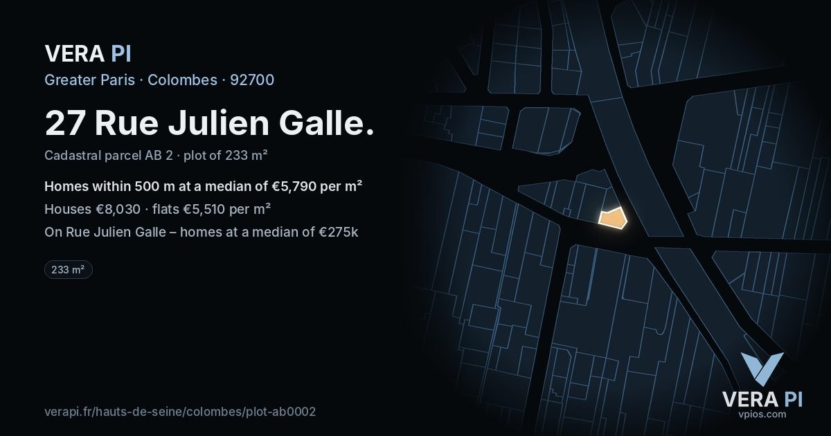 27 Rue Julien Galle, Colombes at night – the plot lit, the parcels around coloured by the prices near them