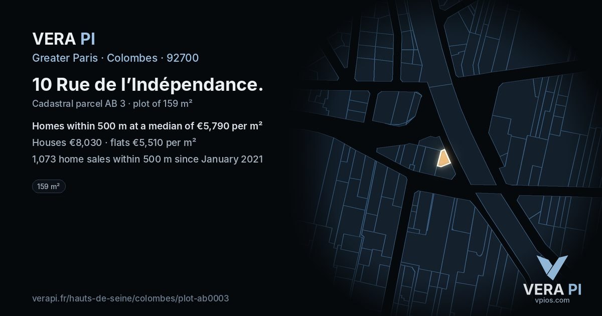 10 Rue de l’Indépendance, Colombes at night – the plot lit, the parcels around coloured by the prices near them