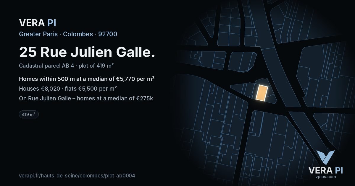 25 Rue Julien Galle, Colombes at night – the plot lit, the parcels around coloured by the prices near them