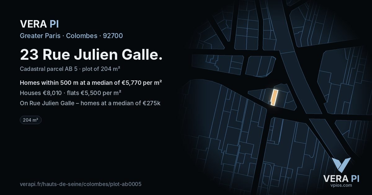23 Rue Julien Galle, Colombes at night – the plot lit, the parcels around coloured by the prices near them