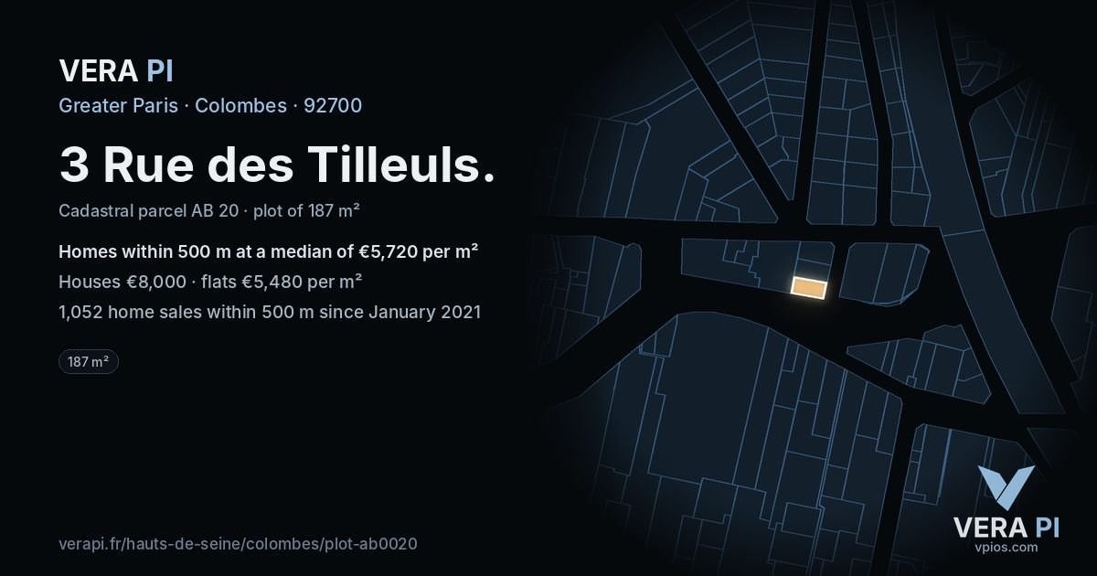 3 Rue des Tilleuls, Colombes at night – the plot lit, the parcels around coloured by the prices near them