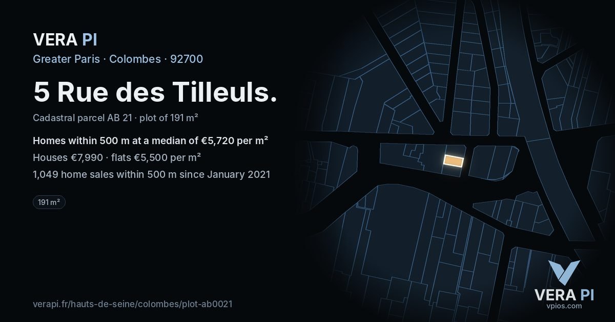 5 Rue des Tilleuls, Colombes at night – the plot lit, the parcels around coloured by the prices near them