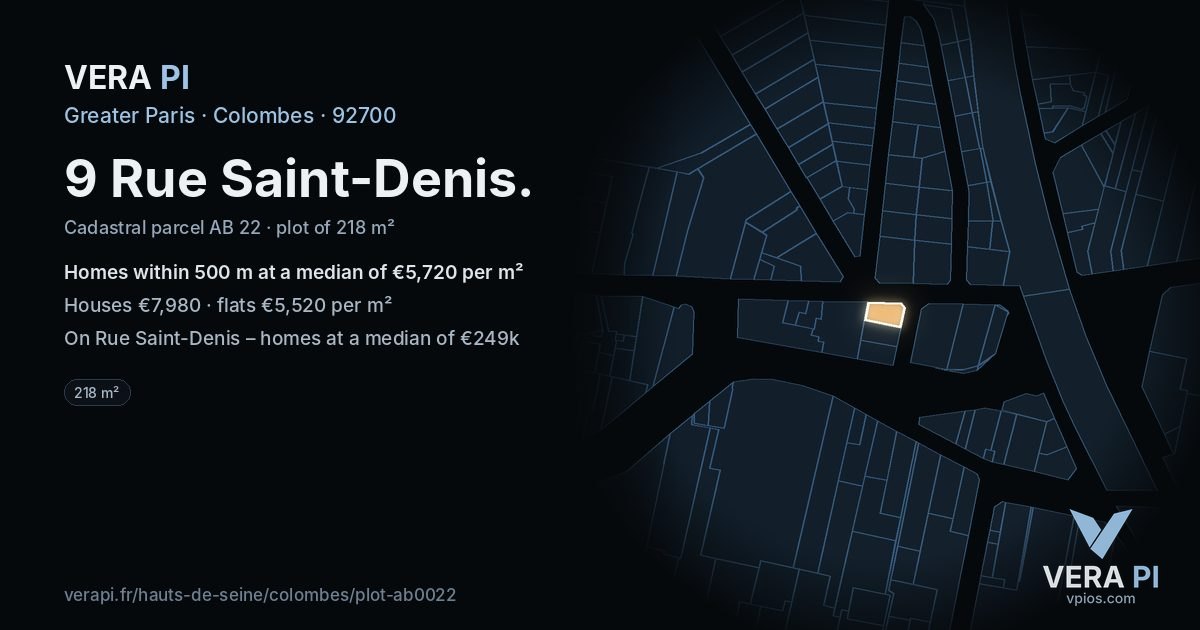 9 Rue Saint-Denis, Colombes at night – the plot lit, the parcels around coloured by the prices near them