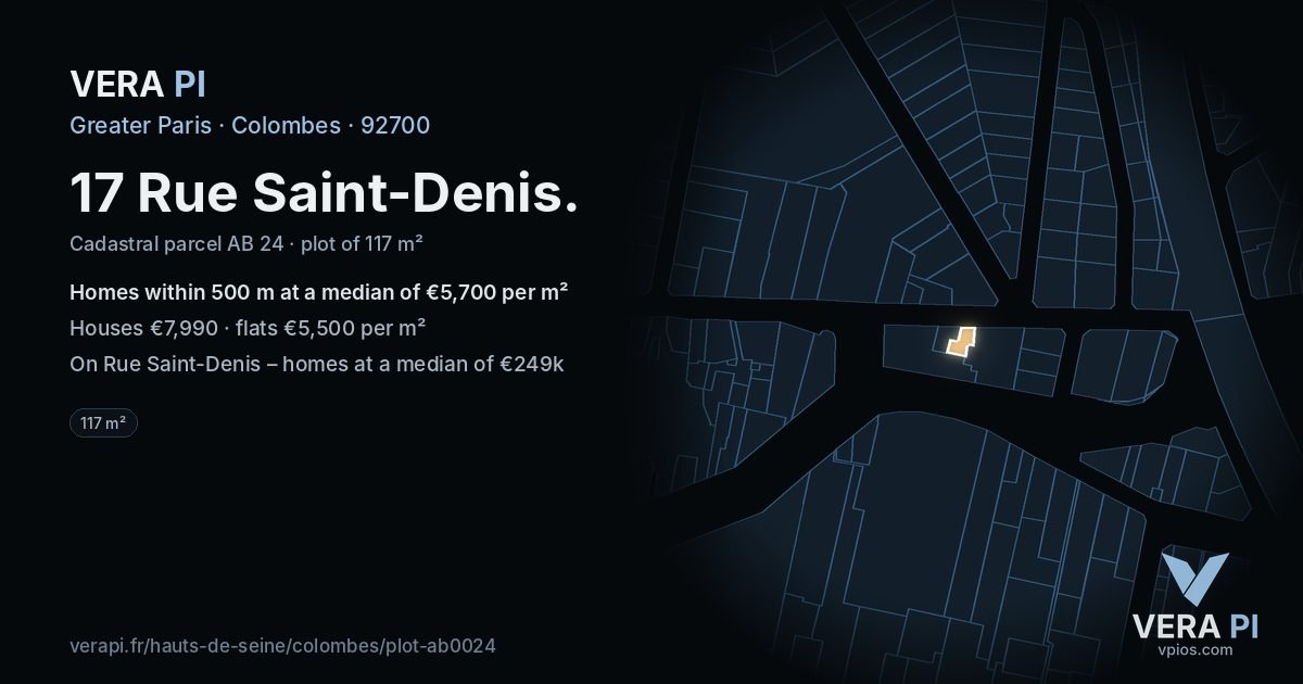 17 Rue Saint-Denis, Colombes at night – the plot lit, the parcels around coloured by the prices near them