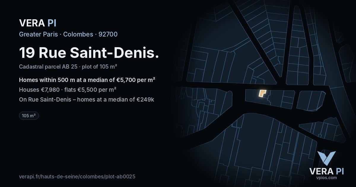 19 Rue Saint-Denis, Colombes at night – the plot lit, the parcels around coloured by the prices near them