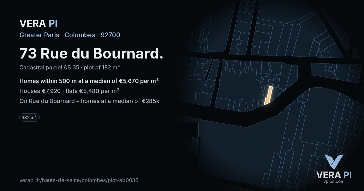 73 Rue du Bournard, Colombes at night – the plot lit, the parcels around coloured by the prices near them