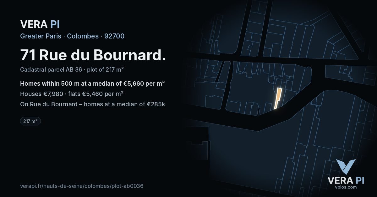 71 Rue du Bournard, Colombes at night – the plot lit, the parcels around coloured by the prices near them