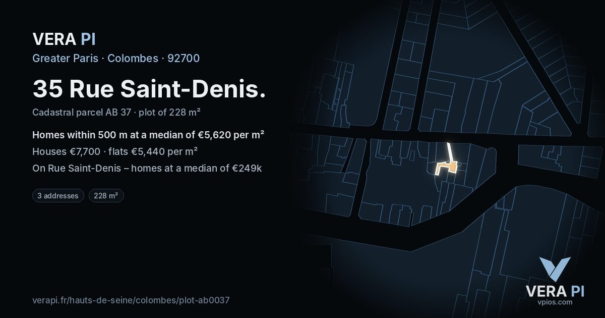 35 Rue Saint-Denis, Colombes at night – the plot lit, the parcels around coloured by the prices near them