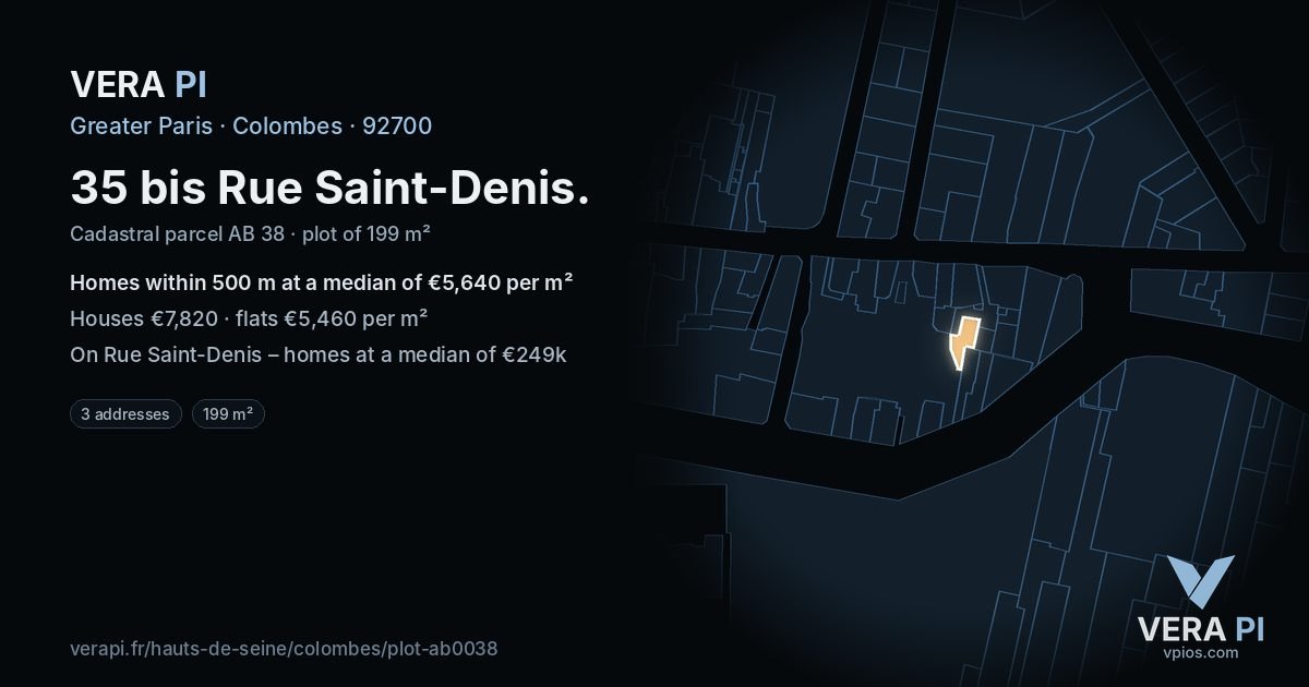 35 bis Rue Saint-Denis, Colombes at night – the plot lit, the parcels around coloured by the prices near them