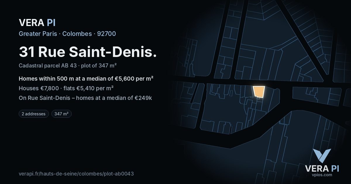31 Rue Saint-Denis, Colombes at night – the plot lit, the parcels around coloured by the prices near them