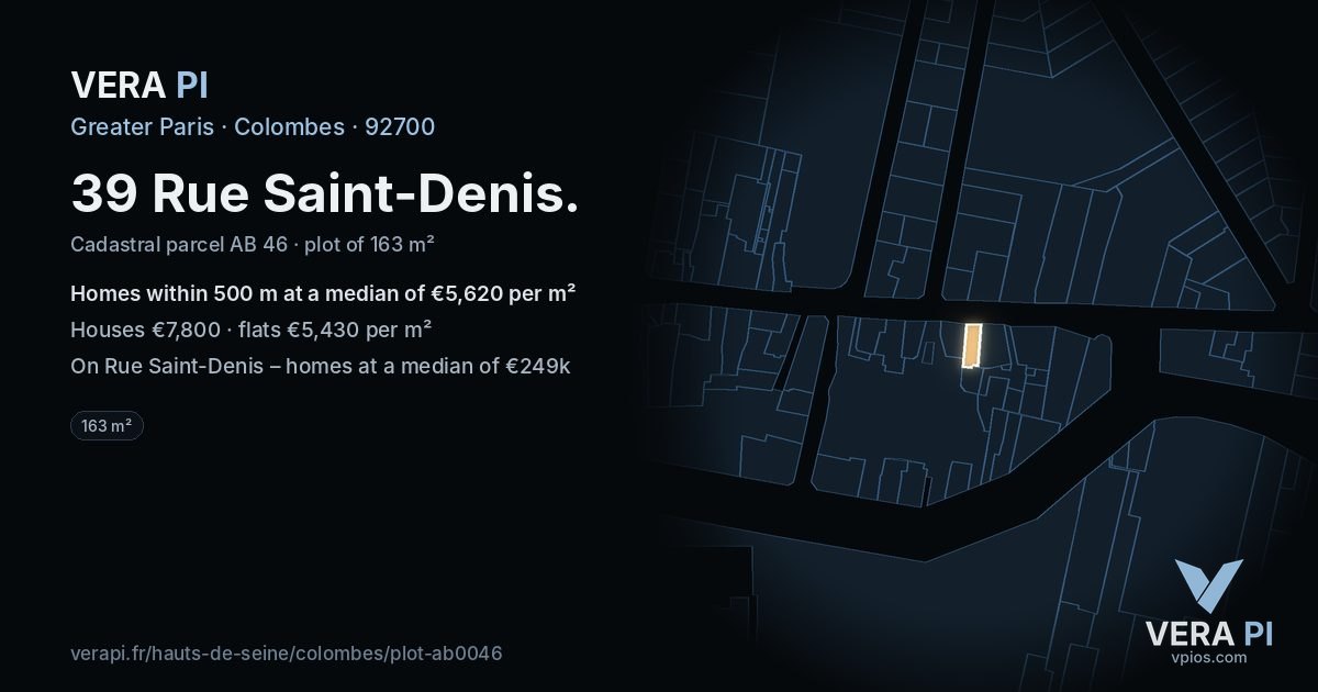39 Rue Saint-Denis, Colombes at night – the plot lit, the parcels around coloured by the prices near them