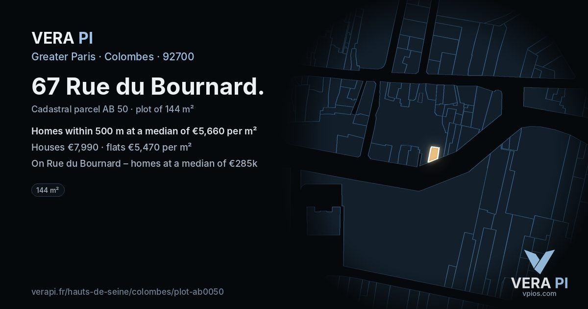 67 Rue du Bournard, Colombes at night – the plot lit, the parcels around coloured by the prices near them