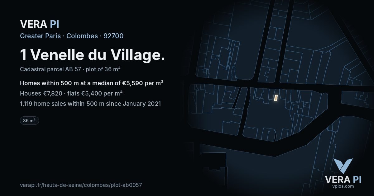 1 Venelle du Village, Colombes at night – the plot lit, the parcels around coloured by the prices near them